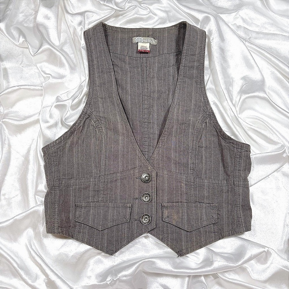 y2k pinstripe Vest Brown Fair Stretch Cotton Button Front Sleeveless Bfree